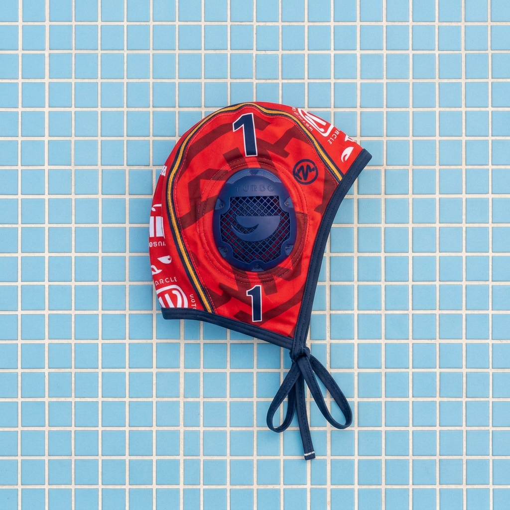 Bonnet rouge orienté à l’endroit sur des carreaux de piscine