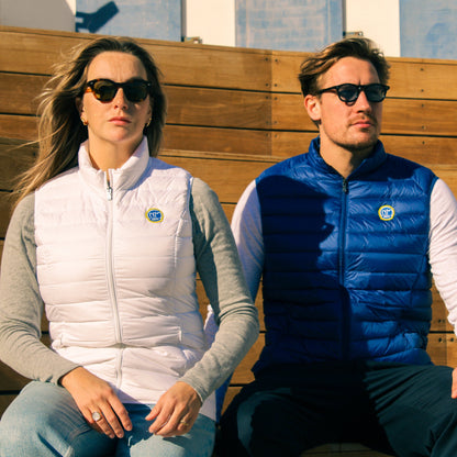 Veste sans manche bleu electrique pour homme, duvet ethique , jott et cerlce des nageurs de Marseille