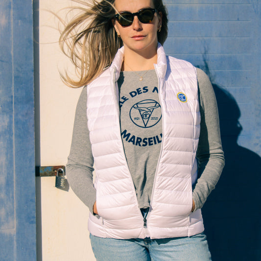 veste sans manche femme, duvet éthique, blanc éclatant, CNM, pochonable jott